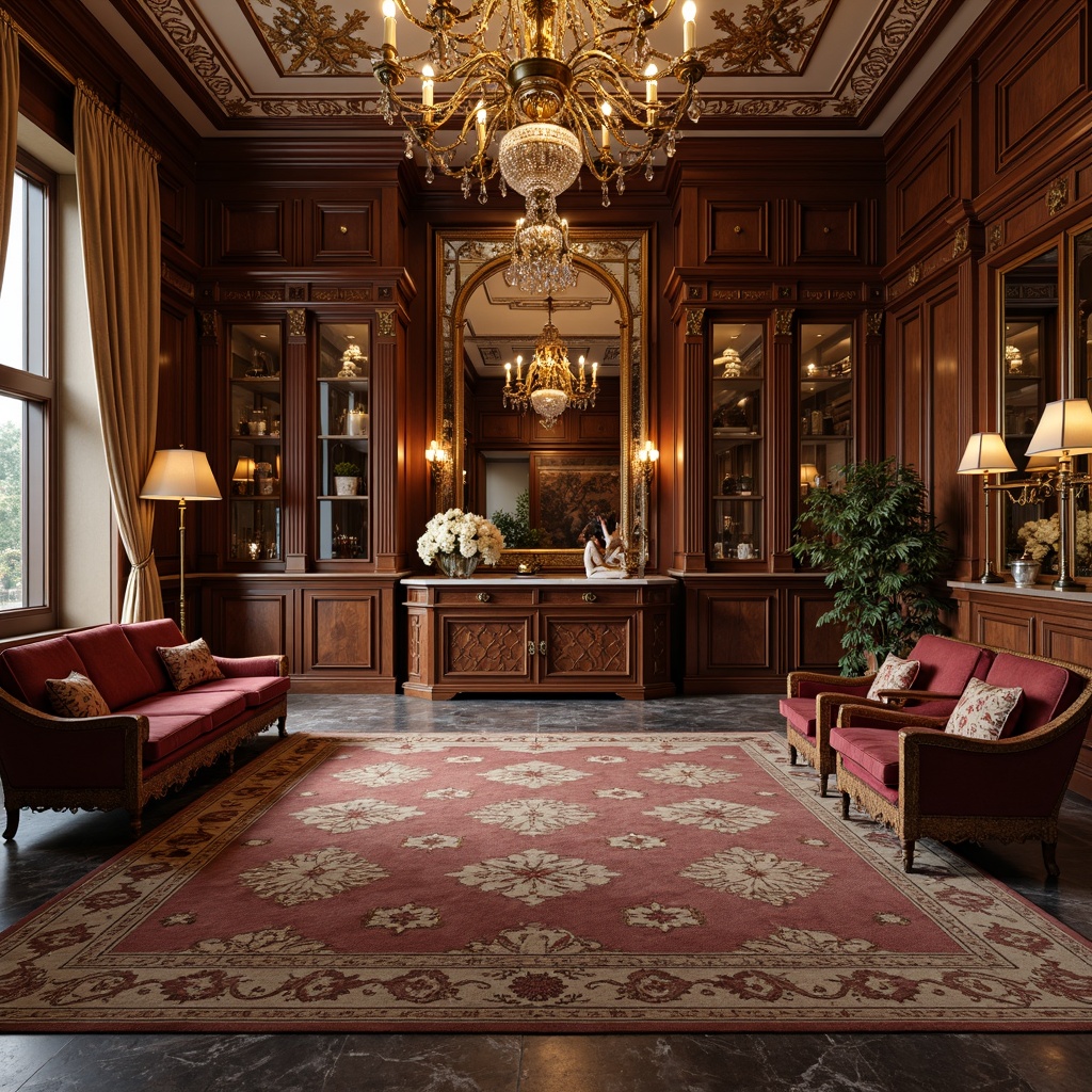 Prompt: Opulent storage room, lavish furnishings, intricately carved wooden cabinets, ornate gilded mirrors, plush velvet upholstery, curved legs, cabriole chairs, bronze hardware, rich jewel-toned fabrics, crystal chandeliers, soft warm lighting, elegant curves, subtle Baroque influences, luxurious textiles, antique finishes, intricate inlays, polished marble floors, grandiose architectural details.