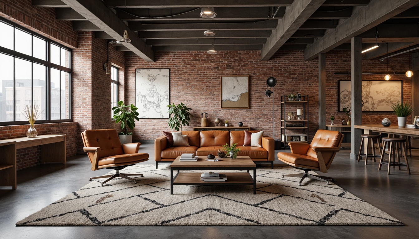 Prompt: Exposed brick walls, polished concrete floors, industrial metal beams, reclaimed wood accents, mid-century modern sofas, tufted leather armchairs, geometric patterned rugs, minimalist coffee tables, metal-legged desks, vintage factory lighting, Edison bulb pendants, functional shelving units, distressed wood cabinets, urban loft atmosphere, natural light pouring in, soft warm glow, shallow depth of field, 2/3 composition, realistic textures, ambient occlusion.