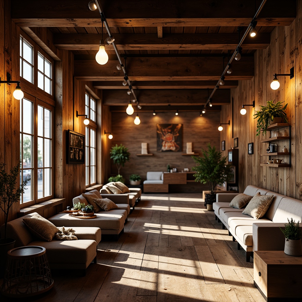 Prompt: Cozy coffee shop, warm ambient lighting, rustic wooden decor, vintage industrial fixtures, metal lanterns, Edison bulbs, soft glowing pendant lights, comfortable seating areas, plush couches, natural textiles, rich wood tones, aromatic coffee scents, relaxed atmosphere, afternoon sunlight, subtle shadows, 1/1 composition, intimate setting, realistic rendering, ambient occlusion.