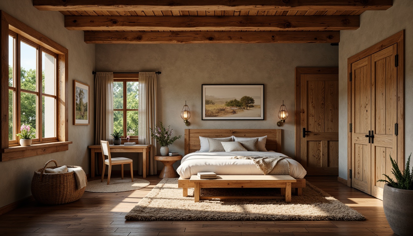 Prompt: Cozy bedroom, rustic wood accents, wooden furniture, distressed finishes, earthy color palette, plush area rug, natural textiles, warm ambient lighting, wooden ceiling beams, reclaimed wood walls, craftsman-style trim, ornate wooden doors, vintage metal hardware, soft cushions, elegant drapery, morning sunlight, shallow depth of field, 1/2 composition, realistic wood textures, subtle camera movements.