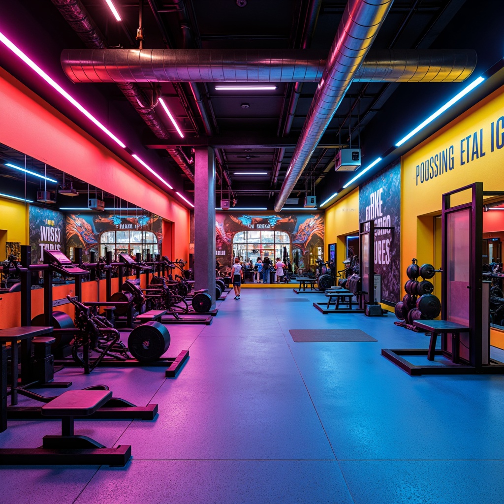 Prompt: Vibrant home gym, bold color scheme, neon accents, energetic atmosphere, industrial-style equipment, metal frames, rubber flooring, motivational quotes, large mirrors, modern LED lighting, dynamic shadows, 1/1 composition, high-contrast colors, bright coral walls, deep blue floors, sunny yellow accents, sleek black machines, fitness-inspired artwork, abstract patterns, textured surfaces, realistic reflections, shallow depth of field.