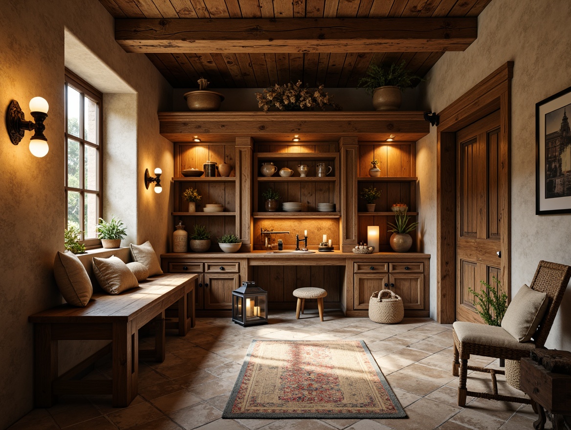 Prompt: Rustic mudroom, renaissance-inspired decor, warm earthy tones, wooden cabinetry, ornate metal hardware, vintage fixtures, soft warm lighting, table lamps, floor lanterns, candlelight ambiance, natural stone flooring, distressed wood accents, woven textiles, rich velvet fabrics, intricate carvings, antique furnishings, warm beige walls, rustic wooden beams, cozy nooks, softbox lighting, 1/1 composition, realistic textures, ambient occlusion.