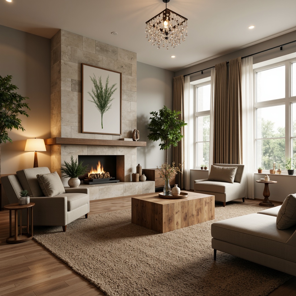 Prompt: Cozy living room, plush velvet sofa, wooden coffee table, rustic metal lamp, soft warm lighting, comfortable accent chairs, woven jute rug, natural stone fireplace, modern minimalist decor, greenery wall art, calming beige walls, elegant crystal chandelier, inviting window seat, airy curtains, 1/1 composition, shallow depth of field, realistic textures.