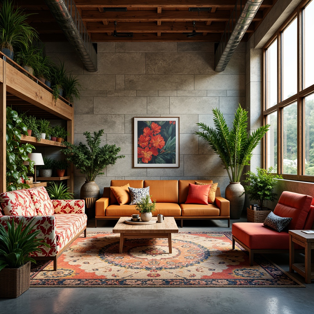 Prompt: Vibrant eclectic interior, mixed vintage furniture, bold colorful patterns, lush greenery, natural stone walls, reclaimed wood accents, industrial metal beams, oversized windows, soft warm lighting, diffused sunlight, morning ambiance, shallow depth of field, 1/2 composition, realistic textures, ambient occlusion.