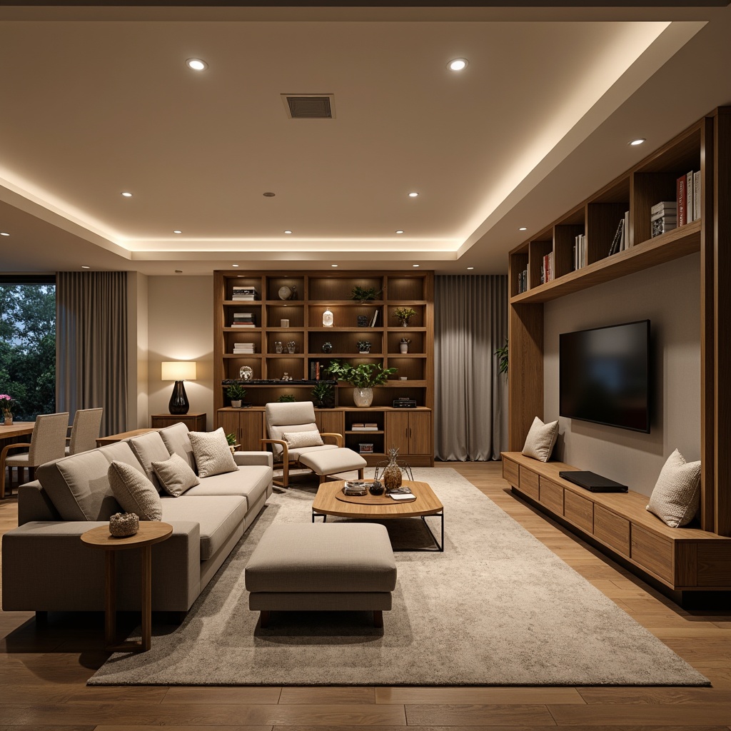 Prompt: Cozy living room, plush sofas, reclining armchairs, wooden coffee tables, soft cushions, warm lighting, natural fabrics, ergonomic designs, adjustable headrests, storage ottomans, minimalist decor, neutral color palette, comfortable seating arrangements, functional shelving units, modern TV stands, sound-absorbing materials, relaxing ambiance, 1/1 composition, shallow depth of field, realistic textures.