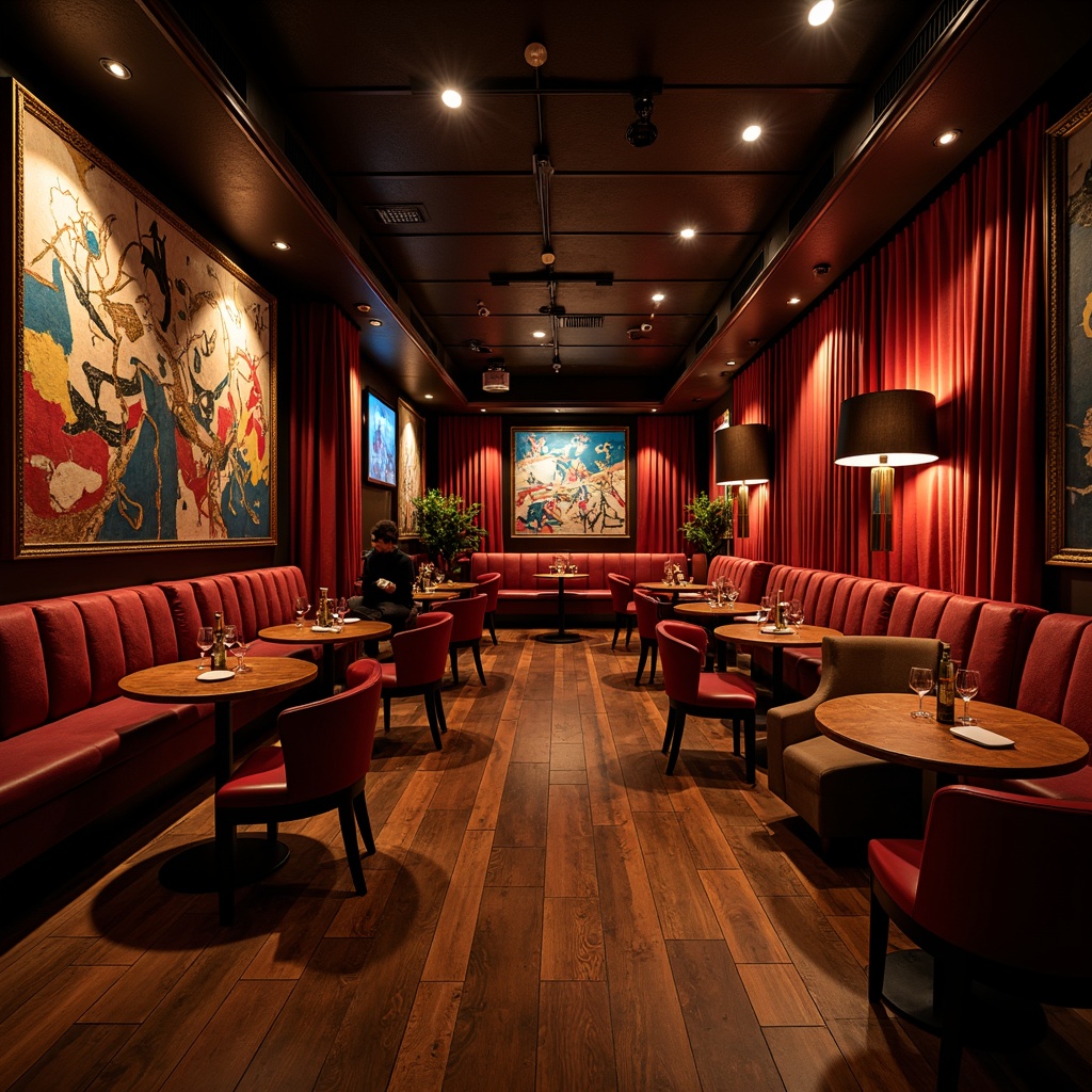 Prompt: Vibrant jazz club, dimly lit atmosphere, rich velvet drapes, polished wooden floors, ornate metal railings, abstract expressionist murals, bold geometric patterns, luxurious fabric upholstery, metallic accents, moody lighting, warm golden tones, shallow depth of field, 1/2 composition, cinematic view, realistic textures, ambient occlusion.