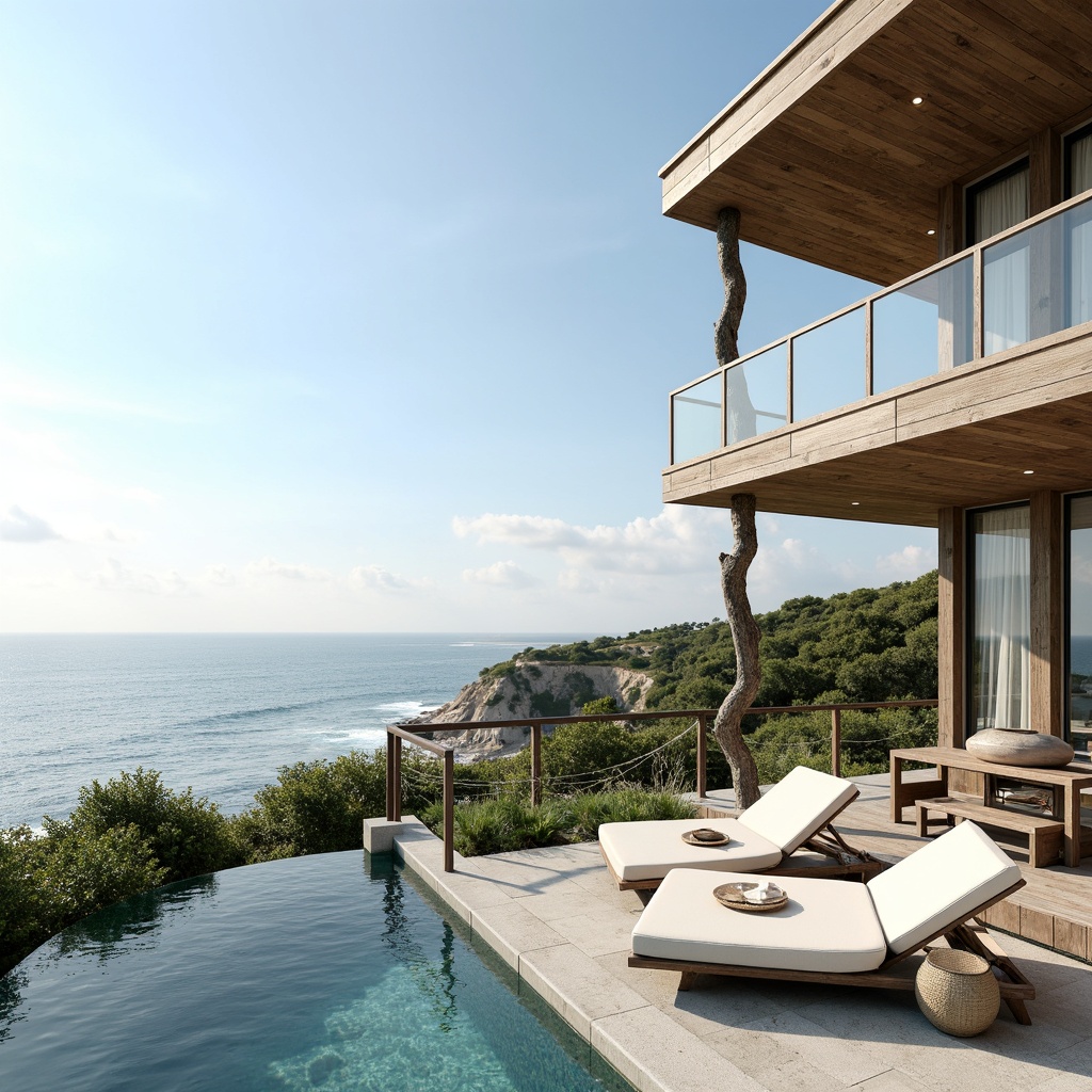 Prompt: Coastal villa, oceanfront location, salty air, sea spray, driftwood accents, nautical ropes, glass railings, transparent balconies, wave-inspired architecture, beachy color palette, soft blue hues, creamy whites, weathered wood textures, organic shapes, minimalist decor, natural light flooding, 1/1 composition, subtle reflections, ambient occlusion, realistic water effects.