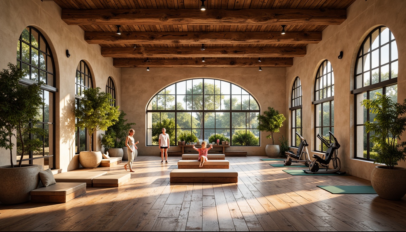 Prompt: Warm Mediterranean-style gymnasium, rustic wooden flooring, distressed oak planks, earthy tones, natural stone walls, arched windows, vaulted ceilings, ornate ironwork, classical columns, soft warm lighting, cozy atmosphere, state-of-the-art fitness equipment, mirrored walls, free weights area, cardio machines zone, yoga mats space, calming color palette, serene ambiance, Mediterranean-inspired tile accents, decorative ceramic vases, lush greenery, panoramic view, 1/1 composition, shallow depth of field.