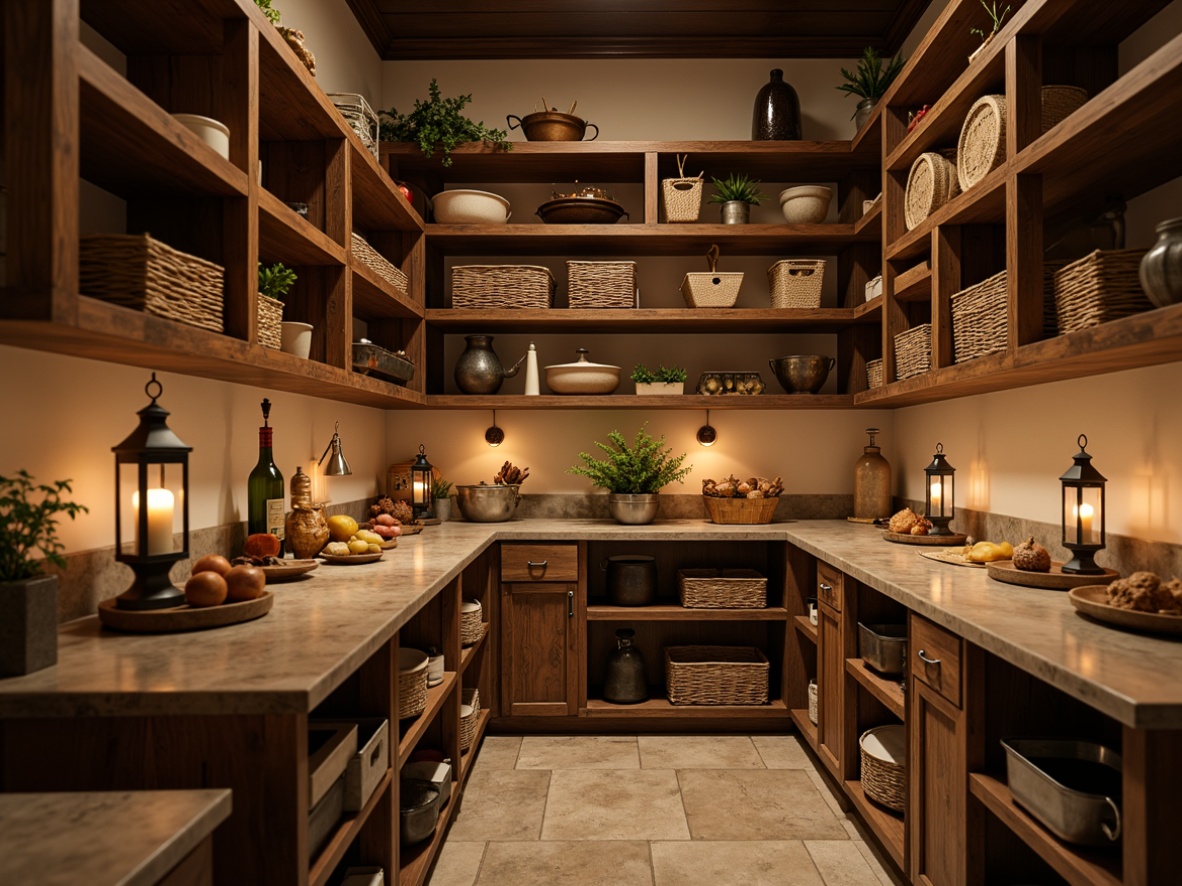 Prompt: Warm pantry ambiance, soft warm lighting, rustic wooden shelves, woven baskets, vintage metal lanterns, candles in mercury glass holders, distressed finishes, earthy color palette, natural stone countertops, warm beige walls, cozy nooks, ambient shadows, gentle glow, 1/1 composition, realistic textures, shallow depth of field.