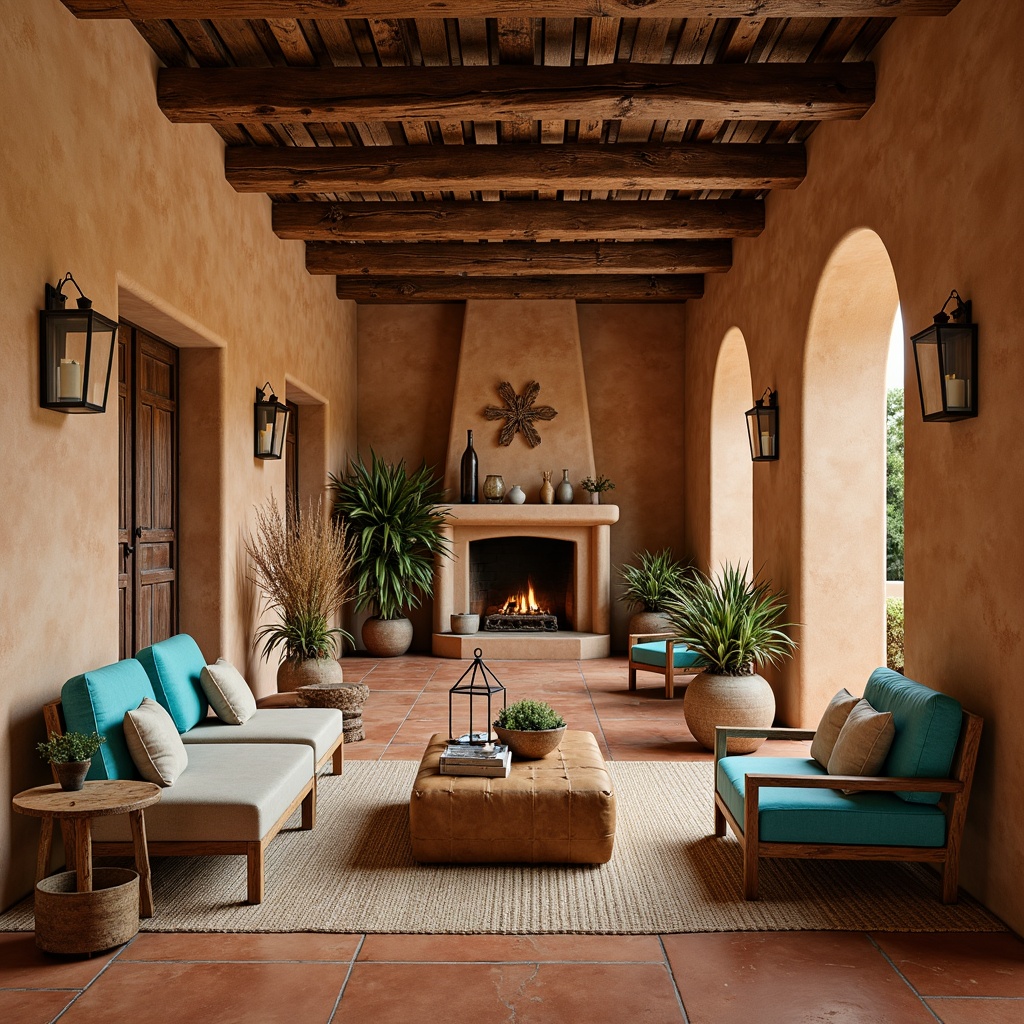 Prompt: Southwestern-style hall, rustic wooden accents, reclaimed barn wood, terracotta flooring, earthy color palette, natural stone walls, woven textiles, vibrant turquoise, sandy beige, distressed leather furniture, metal lanterns, warm candlelight, soft warm lighting, 1/1 composition, shallow depth of field, realistic textures, ambient occlusion.