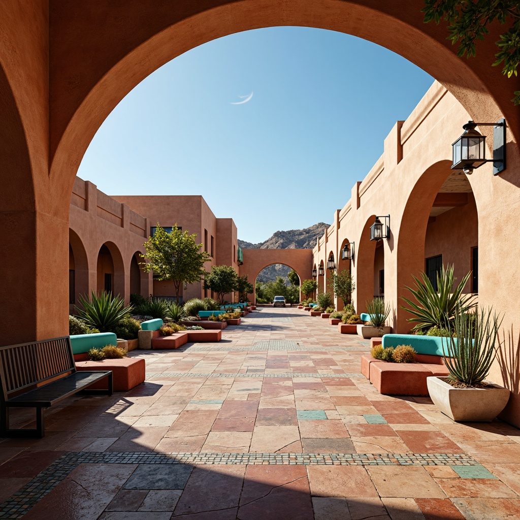 Prompt: Vibrant Southwestern bus station, adobe-style architecture, curved lines, earthy tones, turquoise accents, unique lantern-inspired lighting fixtures, warm ambient glow, desert landscape, cactus plants, hot sunny day, clear blue sky, vast open space, rustic metal benches, terracotta-tiled flooring, natural stone walls, intricate mosaic patterns, geometric-shaped planters, colorful ceramic tiles, dramatic shadows, high contrast ratio, 1/2 composition, shallow depth of field.