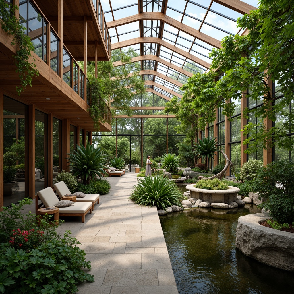 Prompt: Serene greenhouse interior, lush greenery, exotic Asian-inspired plants, natural stone flooring, wooden accents, bamboo elements, sliding glass doors, clerestory windows, skylights, warm soft lighting, diffuse indirect illumination, shallow depth of field, 1/2 composition, panoramic view, realistic textures, ambient occlusion, vibrant colorful textiles, intricate geometric motifs, misting systems, water features, koi ponds, Asian-style ornaments, Buddha statues.