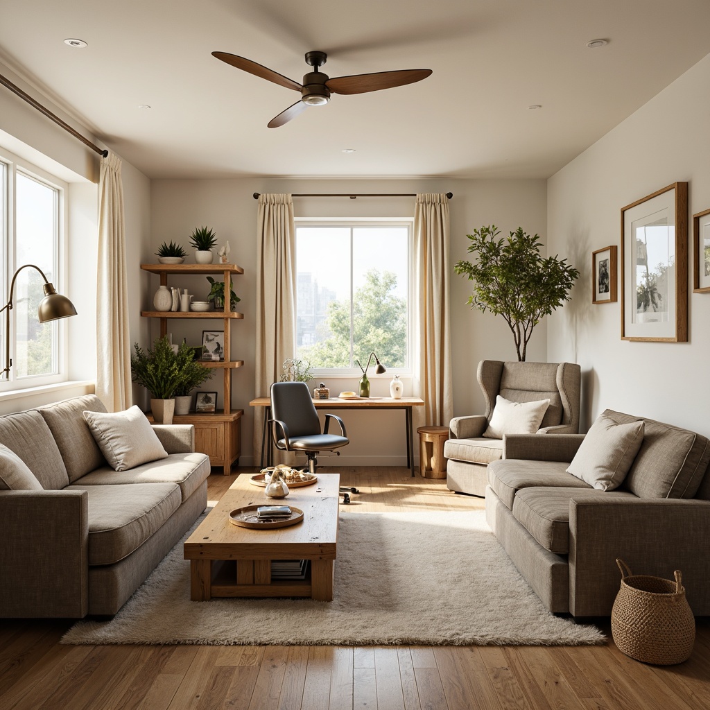 Prompt: Cozy living room, plush sofas, velvety armchairs, rustic wooden coffee tables, woven baskets, soft cushions, ergonomic chairs, adjustable desks, minimalist shelving units, modern floor lamps, creamy white walls, warm beige carpeting, natural sunlight, relaxed atmosphere, comfortable reading nooks, functional storage spaces, sleek metallic accents, earthy color palette, harmonious spatial layout, 1/1 composition, softbox lighting, realistic textures.