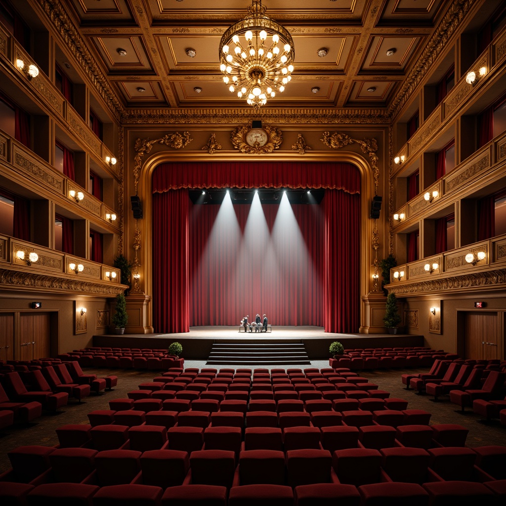 Prompt: Grand theater interior, opulent velvet curtains, gilded ornate details, majestic stage, spotlights, warm golden lighting, dramatic shadowing, rich wood tones, plush red seats, intricate moldings, high ceilings, grand chandeliers, soft ambient glow, subtle color temperature shifts, precise beam control, 3-point lighting setup, cinematic atmosphere, realistic textures, detailed architectural elements.