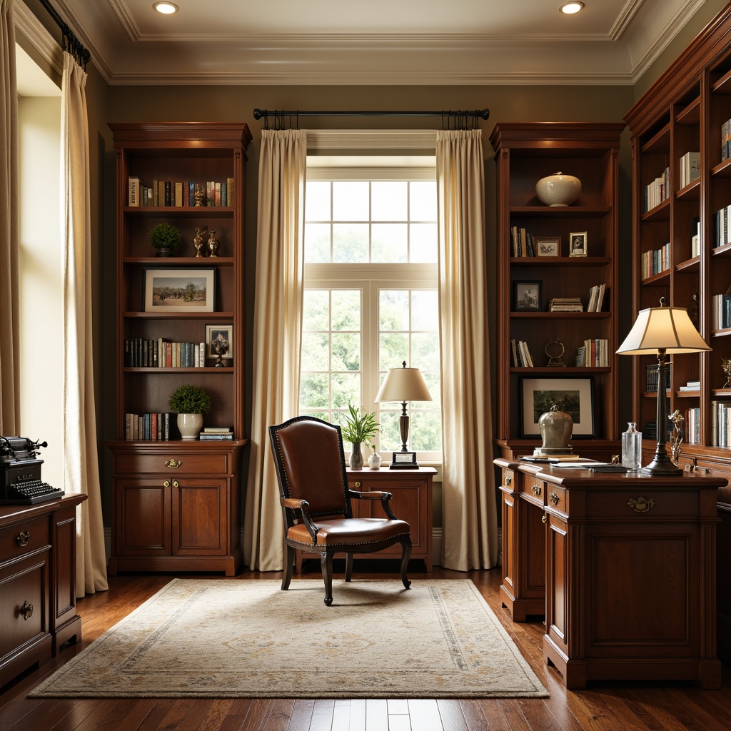 Prompt: Elegant home office, rich wood furniture, leather armchair, antique desk lamp, ornate picture frames, vintage typewriter, classic bookshelves, warm beige walls, soft cream curtains, polished wooden floors, intricate moldings, sophisticated color palette, subtle textures, golden hardware, refined accessories, natural light pouring in, shallow depth of field, 1/2 composition, warm and inviting atmosphere.