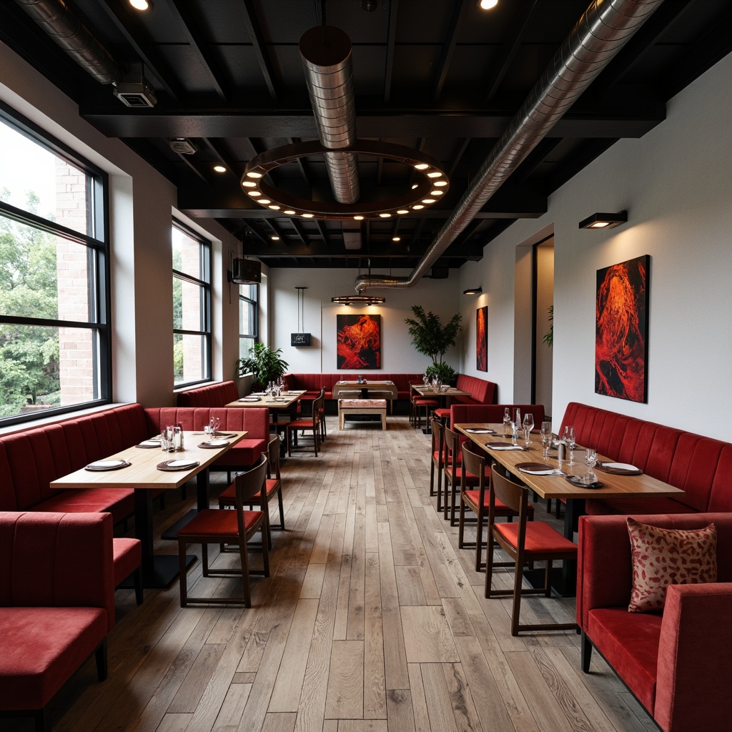 Prompt: Modern dining room, sleek minimalist decor, luxurious velvet fabrics, metallic accents, statement lighting fixtures, reclaimed wood tables, ergonomic chairs, bold color schemes, geometric patterns, floor-to-ceiling windows, natural stone floors, urban loft atmosphere, soft warm ambiance, shallow depth of field, 1/1 composition, realistic textures, ambient occlusion.