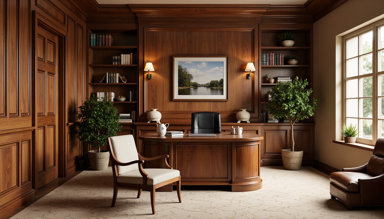 Prompt: Elegant home office, classic wood paneling, rich walnut tones, ornate moldings, cream-colored walls, soft natural light, comfortable reading nook, leather-bound books, antique furniture pieces, vintage decorative items, warm beige carpeting, traditional wall sconces, subtle texture variations, shallow depth of field, 2/3 composition, realistic wood grain textures, ambient occlusion.