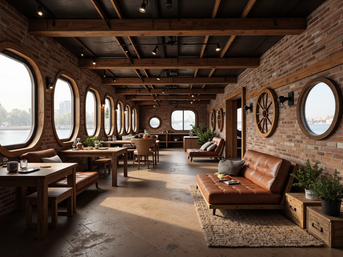 Prompt: Rustic boathouse, reclaimed wood accents, exposed brick walls, metal beam ceilings, industrial-style lighting fixtures, nautical-themed decor, vintage boat wheels, distressed leather furniture, wooden crates, porthole windows, naval-inspired color scheme, earthy tones, natural textiles, modern minimalist layout, functional storage spaces, eclectic decorative items, warm ambient lighting, shallow depth of field, 1/1 composition, realistic textures, subtle weathering effects.