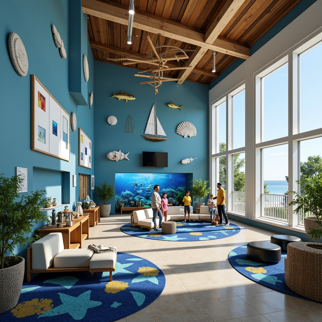 Prompt: Vibrant community center, ocean-inspired interior design, calming blue hues, coral-patterned carpets, fish-shaped decorations, seashell-adorned walls, driftwood accents, nautical-themed furniture, sailboat-model displays, ocean-view windows, natural light pouring in, warm beige flooring, soft cushioned seating, circular gathering spaces, educational marine exhibits, interactive touchscreens, informative signage, wooden boat-inspired ceiling design, ambient underwater lighting, shallow depth of field, 1/1 composition, realistic textures, ambient occlusion.