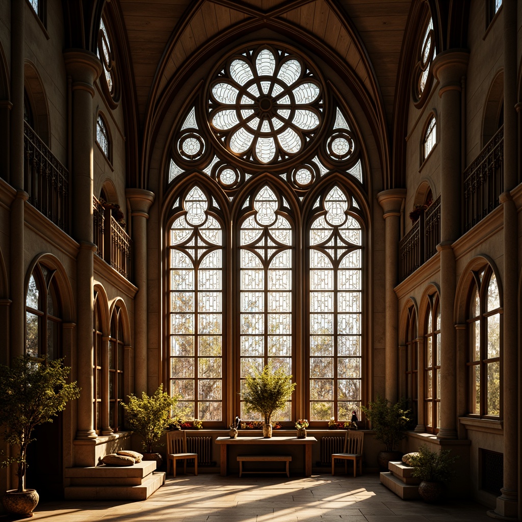 Prompt: Elegant Gothic windows, intricate stone carvings, stained glass details, pointed arches, ribbed vaults, ornate facades, medieval-inspired architecture, grand cathedrals, sacred spaces, mystical ambiance, warm golden lighting, dramatic shadows, symmetrical composition, high-contrast textures, mysterious atmosphere.