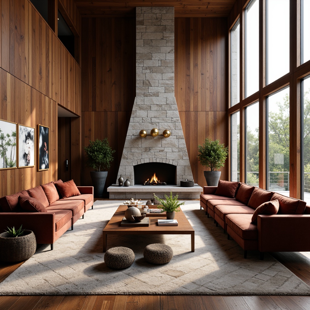 Prompt: Luxurious living room, rich wood paneling, stone walls, velvet sofas, plush area rugs, metallic accents, geometric patterns, natural light pouring, large windows, minimal ornamentation, 3/4 composition, soft warm lighting, shallow depth of field, realistic textures, ambient occlusion.