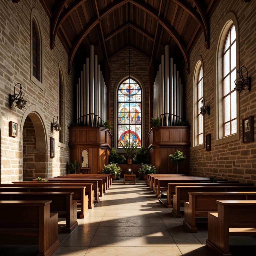 Prompt: Rustic church interior, wooden pews, stone walls, vaulted ceilings, grand organ pipes, intricate stained glass windows, colorful biblical scenes, warm soft lighting, dramatic shadows, rich textures, ornate metal fixtures, earthy color palette, natural materials, distressed wood accents, vintage lanterns, majestic atmosphere, serene ambiance, symmetrical composition, high-angle shot, realistic reflections.