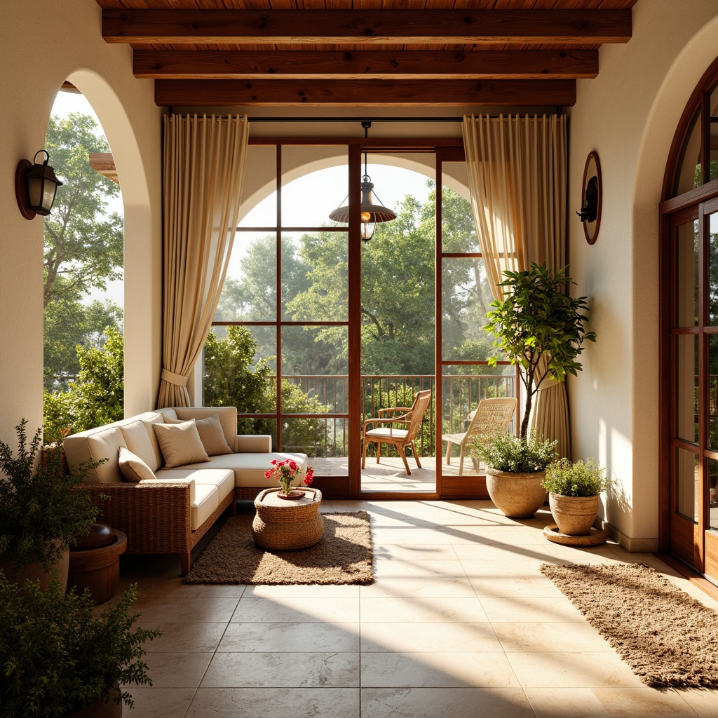 Prompt: Cozy sunroom interior, warm natural light, cream-colored tiles, hexagonal pattern, Mediterranean-inspired decor, plush area rugs, wicker furniture, potted plants, sliding glass doors, wooden accents, beige curtains, soft ambient lighting, shallow depth of field, 1/1 composition, vibrant flower arrangements, rustic stone walls, earthy color palette.