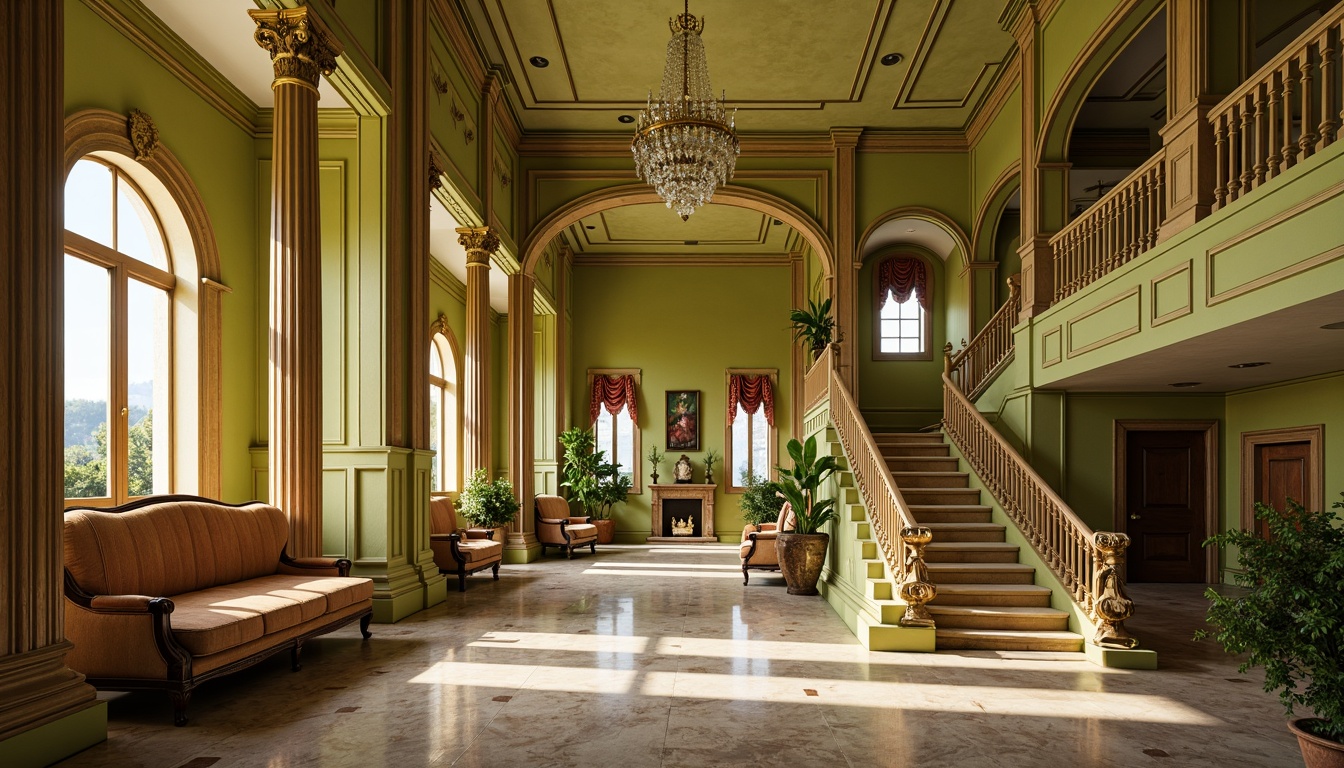 Prompt: Grand staircase, lime-green walls, ornate balustrades, intricately carved wooden banisters, polished marble floors, classic columns, arches, vaulted ceilings, ornamental moldings, luxurious velvet fabrics, gilded accents, crystal chandeliers, soft warm lighting, shallow depth of field, 1/2 composition, realistic textures, ambient occlusion.