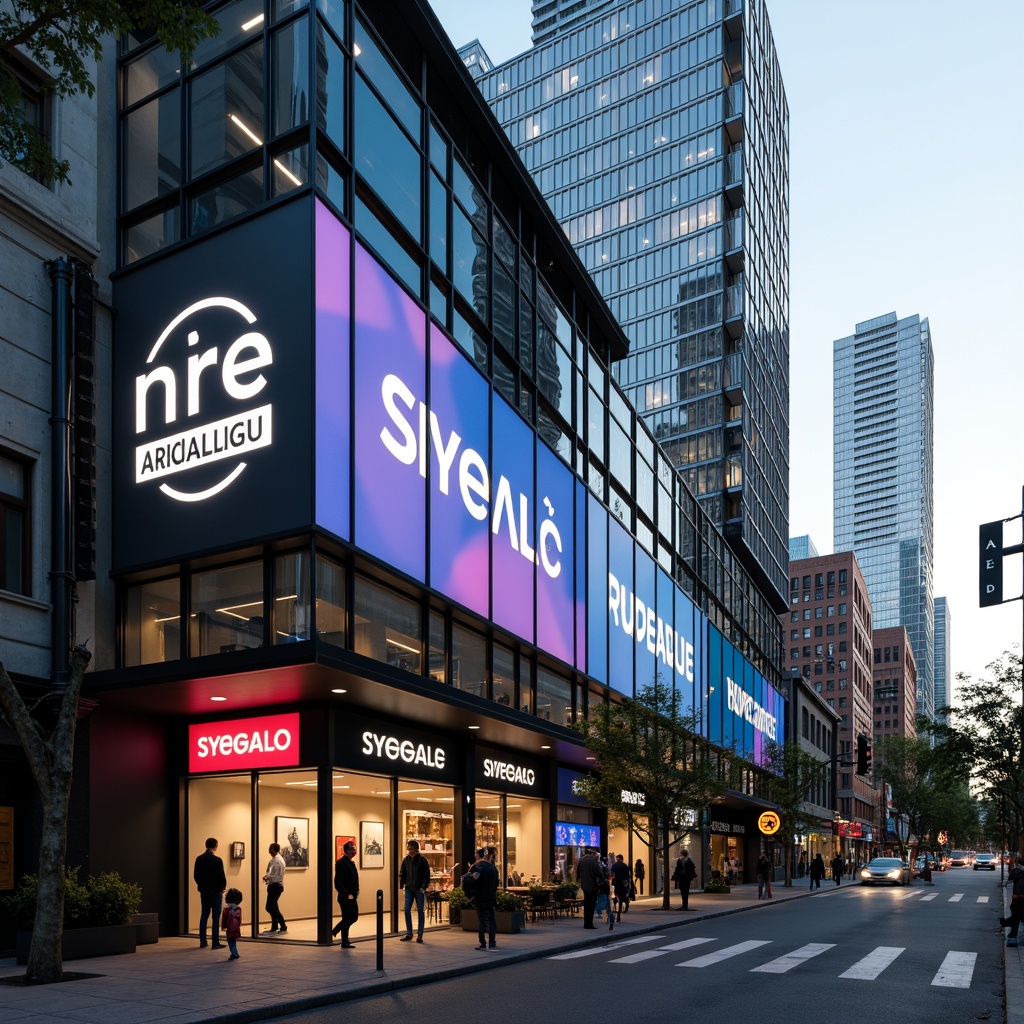 Prompt: Modern commercial building, sleek glass facade, bold font signage, vibrant color schemes, minimalist logo designs, backlit LED displays, clear acrylic signs, stainless steel mounting systems, urban cityscape, busy street scene, afternoon sunlight, shallow depth of field, 1/1 composition, realistic reflections, ambient occlusion.