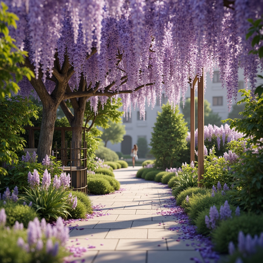 Prompt: Soft wisteria flowers, delicate purple petals, whimsical garden setting, lush greenery, natural stone pathways, vintage ornate gates, warm sunny day, gentle breeze, soft focus, shallow depth of field, 1/2 composition, pastel color palette, watercolor textures, romantic ambiance, elegant typography, floral patterns, intricate lace details.