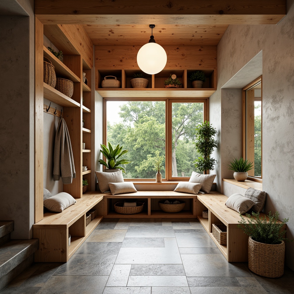 Prompt: Warm and inviting mid-century modern mudroom, natural stone flooring, wooden accents, earthy tones, geometric patterns, minimalist decor, built-in benches, industrial metal hooks, woven baskets, pendant lighting, greenery, plants, organic textures, warm soft lighting, 3/4 composition, realistic render, ambient occlusion.