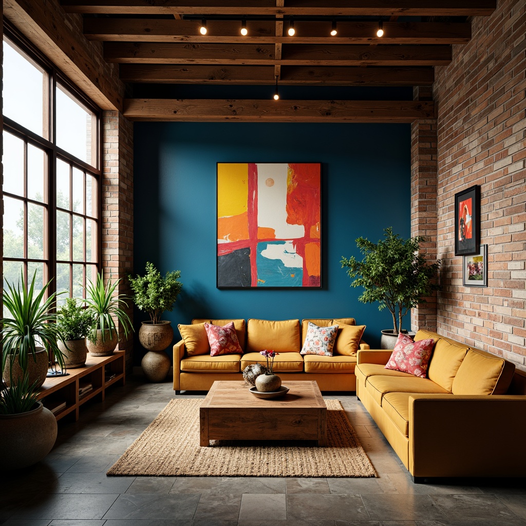 Prompt: Vibrant artistic studio, Prussian blue accent wall, warm golden lighting, rich wood furniture, comfortable velvet sofas, colorful abstract artwork, eclectic decorative vases, lush green plants, natural stone floors, modern industrial architecture, exposed brick walls, large windows, soft warm glow, 1/2 composition, intimate atmosphere, realistic textures, ambient occlusion.