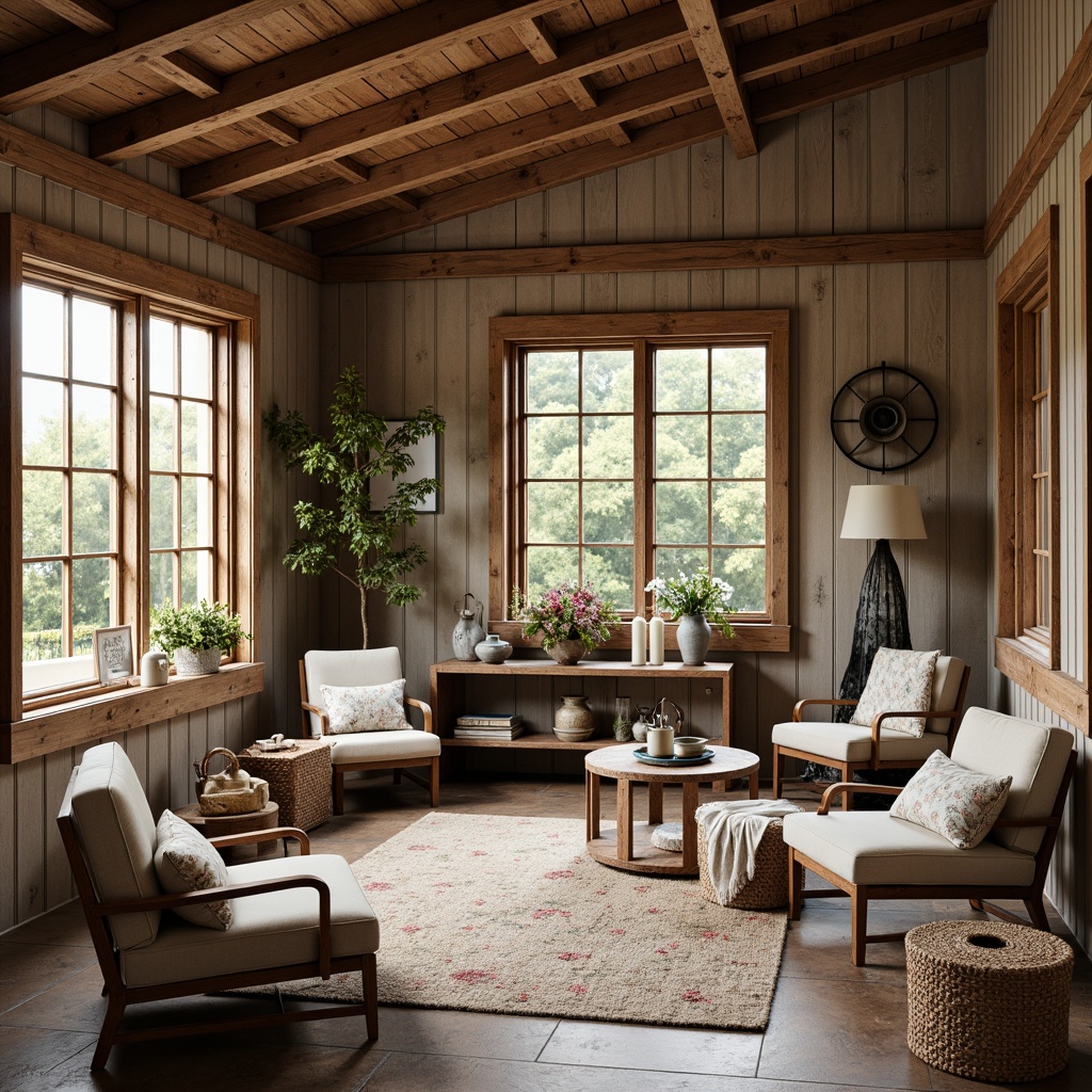 Prompt: Rustic farmhouse interior, distressed wood accents, vintage metal decor, earthy color palette, natural stone flooring, exposed wooden beams, plush area rugs, cozy throw blankets, farmhouse-style lighting fixtures, metal lanterns, woven baskets, botanical prints, floral patterns, soft warm lighting, shallow depth of field, 1/1 composition, realistic textures, ambient occlusion.