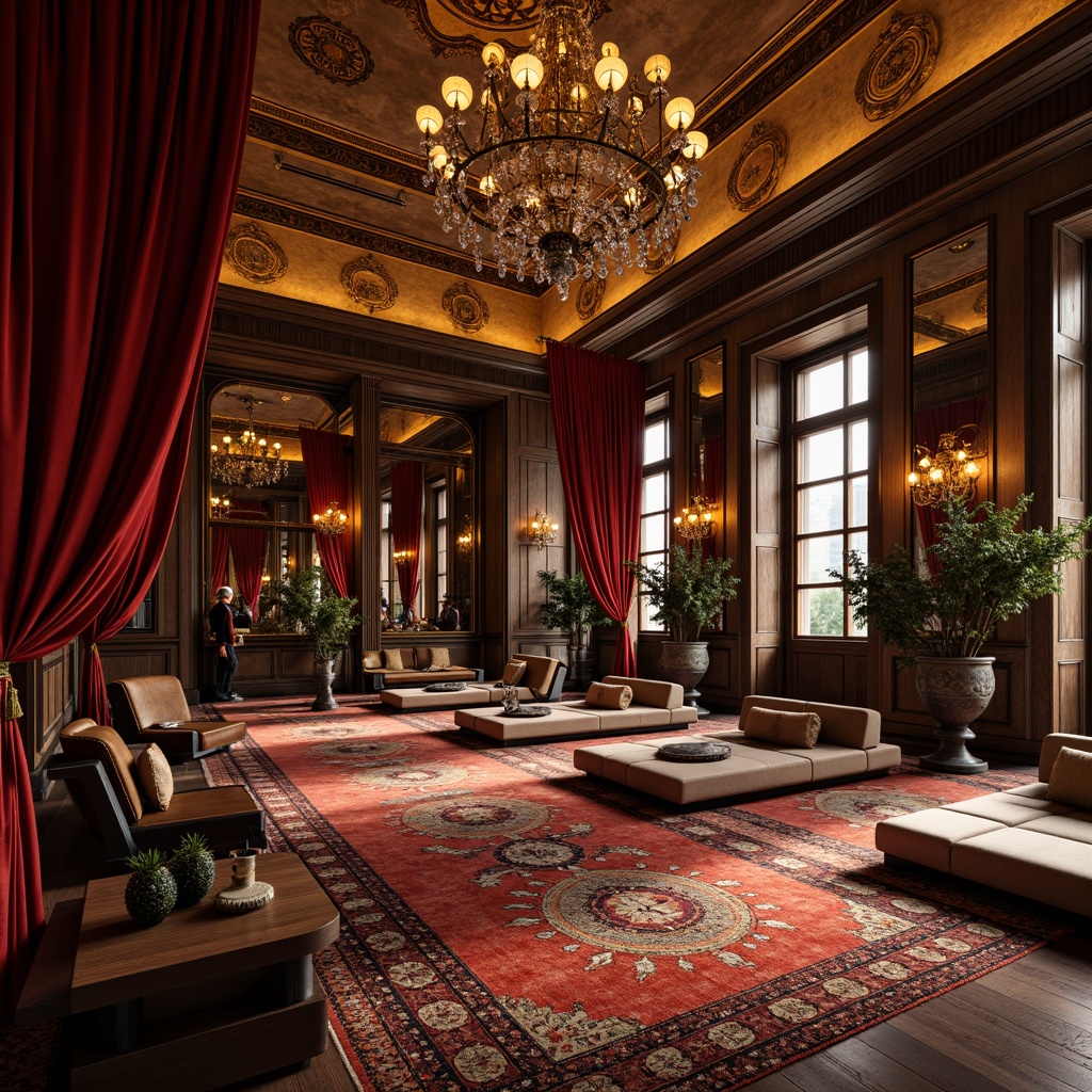 Prompt: Luxurious fitness studio, Renaissance-inspired decor, rich velvety fabrics, ornate golden accents, dark wood tones, elegant chandeliers, crystal fixtures, grandiose mirrors, opulent drapery, lavish upholstery, intricate patterns, regal colors, warm ambient lighting, soft focus, 1/2 composition, shallow depth of field, realistic textures, atmospheric rendering.