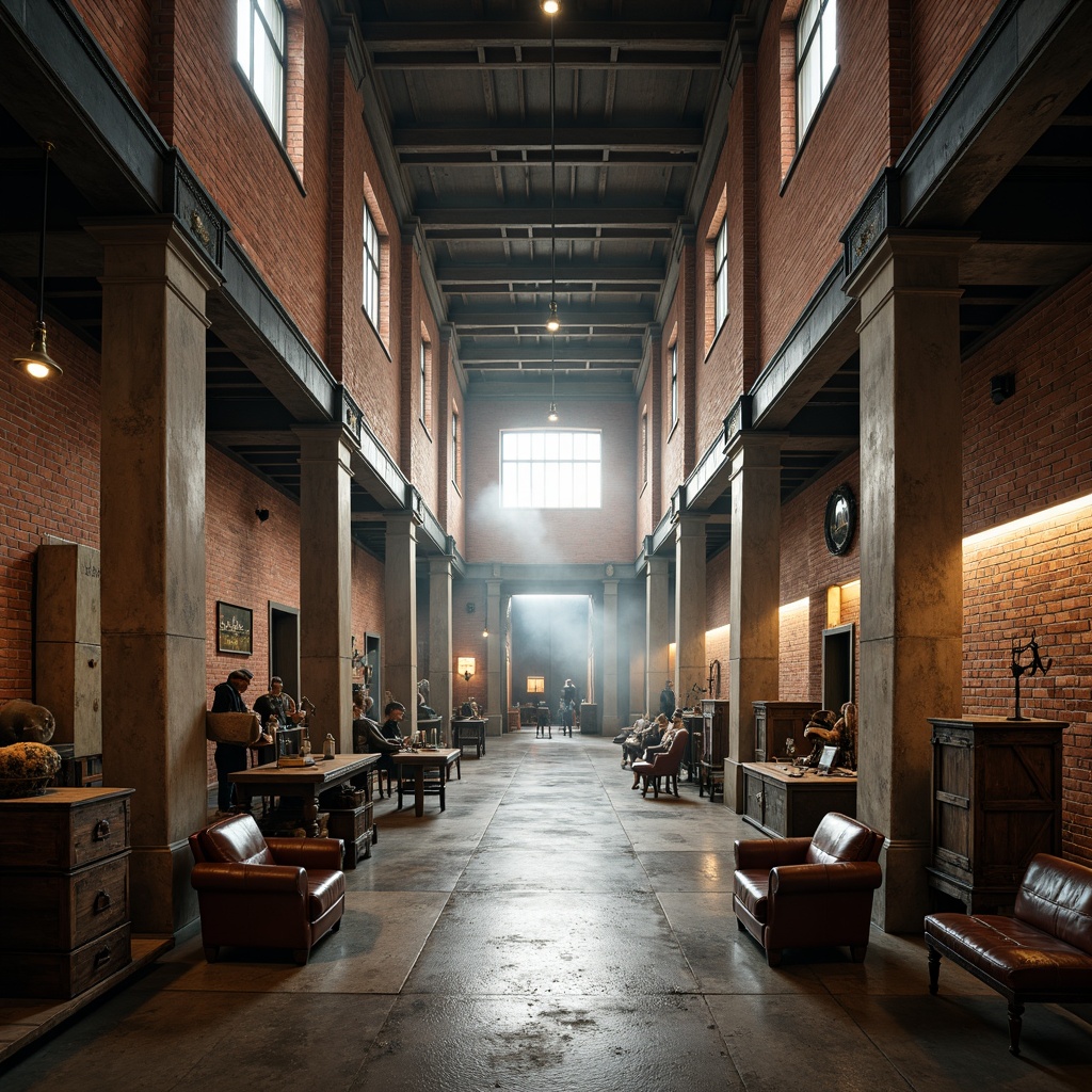 Prompt: Grand warehouse interior, neoclassical style, majestic columns, ornate capitals, rustic brick walls, high ceilings, industrial metal beams, polished concrete floors, vintage wooden crates, antique factory equipment, distressed leather furniture, warm softbox lighting, atmospheric fog effect, shallow depth of field, 1/2 composition, realistic textures, ambient occlusion.