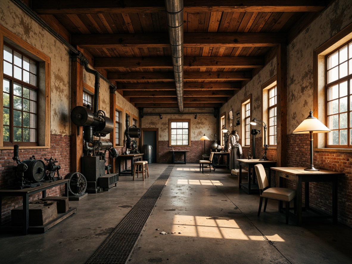 Prompt: Rustic abandoned factory, crumbling brick walls, peeling paint, distressed wooden beams, vintage machinery, exposed ductwork, dimly lit interiors, warm golden lighting, shallow depth of field, 3/4 composition, realistic textures, ambient occlusion, rough concrete floors, metal gratings, worn-out stairs, old-fashioned lamps, nostalgic atmosphere, industrial heritage, retro aesthetic.