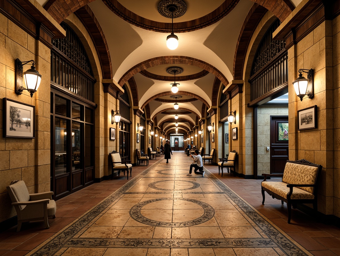 Prompt: Vintage metro station, ornate ceramic tiles, decorative ironwork, classic stone walls, distressed brick finishes, rustic wooden accents, antique lighting fixtures, warm earthy tones, rich textures, high ceilings, grand archways, ornamental moldings, traditional European-inspired design, soft warm lighting, shallow depth of field, 1/2 composition, realistic rendering.