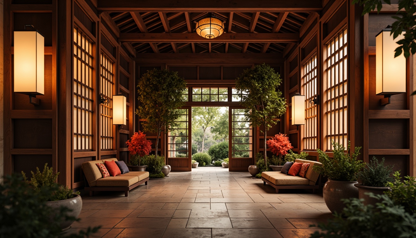 Prompt: Traditional Japanese lanterns, warm wood accents, natural stone flooring, ceramic tiles, subtle bamboo textures, elegant Shoji screens, minimalist metalwork, vibrant red accents, intricate wooden carvings, ornate ceramic vases, lush greenery, serene ambiance, soft warm lighting, shallow depth of field, 3/4 composition, realistic textures, ambient occlusion.