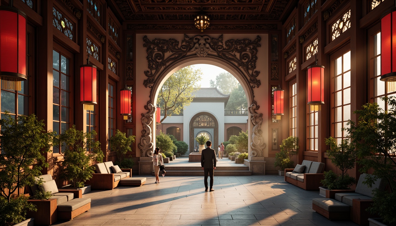 Prompt: Traditional Asian-style church, ornate wooden carvings, vibrant red lanterns, intricate stone sculptures, stained glass windows, warm golden lighting, soft candlelight, dramatic ceiling heights, grand entrance doors, lush greenery, serene courtyard, peaceful ambiance, misty morning atmosphere, subtle natural light, 1/2 composition, low-angle shot, realistic textures, ambient occlusion.