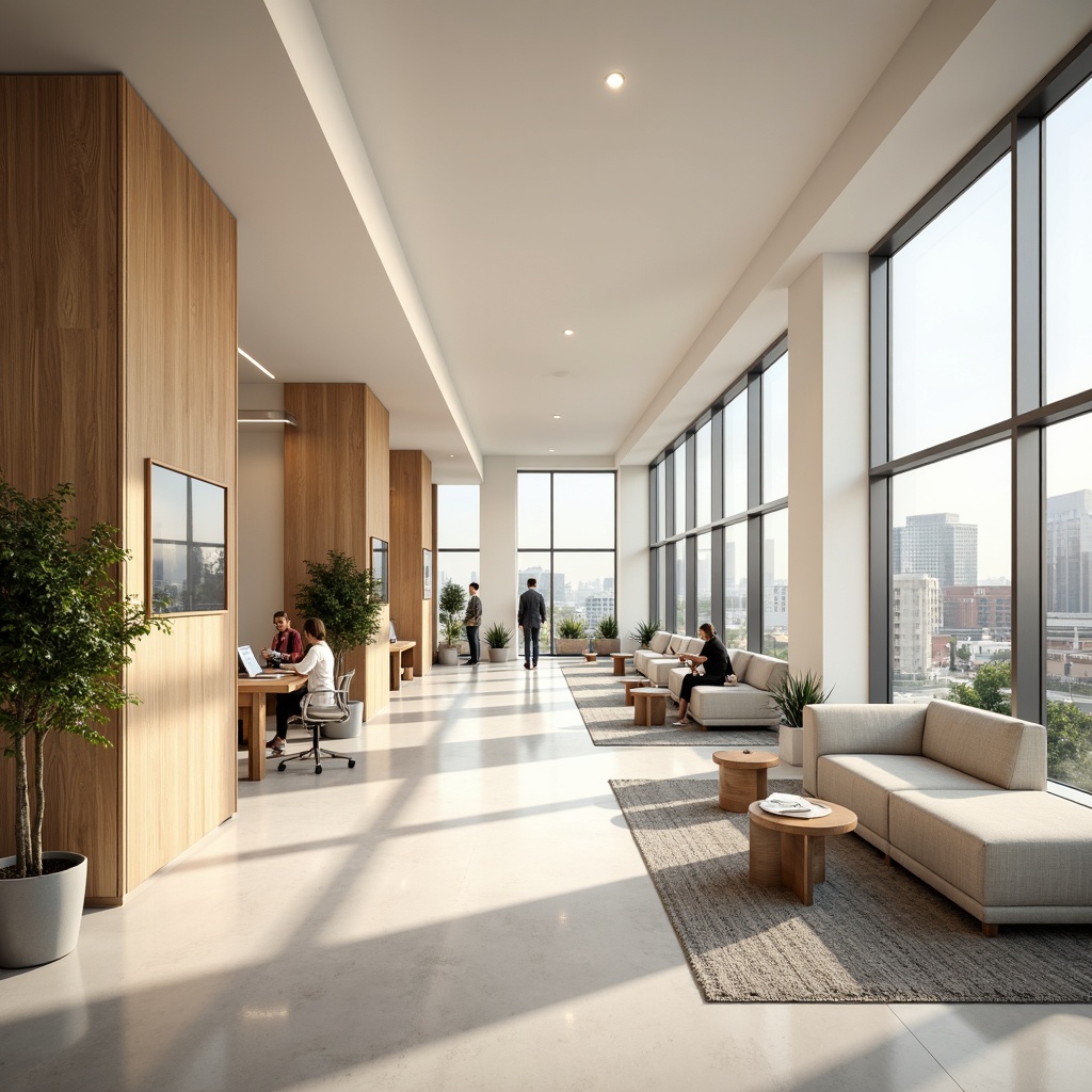 Prompt: Modern office interior, calm atmosphere, soft pastel colors, creamy whites, warm beiges, rich wood tones, sleek metal accents, minimalist decor, comfortable seating areas, collaborative workspaces, natural light pouring in, floor-to-ceiling windows, urban cityscape views, subtle texture patterns, 1/1 composition, realistic renderings, ambient occlusion.