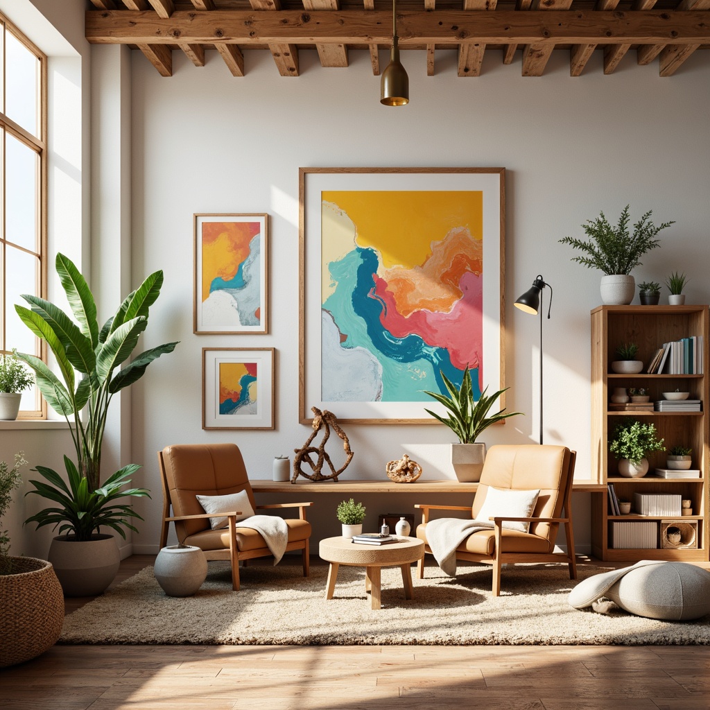 Prompt: Vibrant art studio, eclectic furniture, bold brushstrokes, pastel hues, creamy whites, rich wood accents, natural textiles, earthy tones, abstract artwork, geometric patterns, modern minimalist aesthetic, warm atmospheric lighting, soft focus, shallow depth of field, 1/1 composition, realistic textures, ambient occlusion.