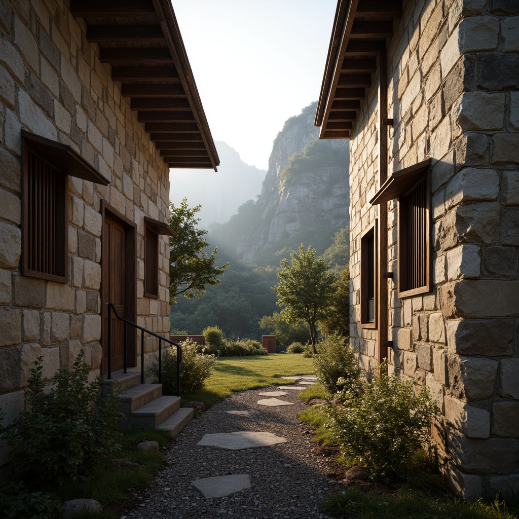 Prompt: Weathered stone walls, rustic wooden accents, distressed metal surfaces, earthy color palette, natural lighting, rugged landscape, mountainous terrain, serene atmosphere, misty morning, soft warm glow, shallow depth of field, 3/4 composition, panoramic view, realistic textures, ambient occlusion.