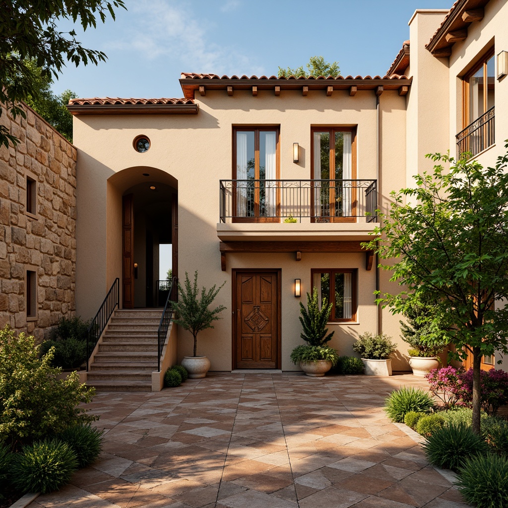 Prompt: Rustic Mediterranean villa, textured stone walls, warm beige stucco, ornate wooden doors, decorative ceramic tiles, lush greenery, vibrant bougainvillea, terracotta roof tiles, curved archways, elegant balconies, wrought iron railings, soft golden lighting, shallow depth of field, 1/1 composition, realistic textures, ambient occlusion.