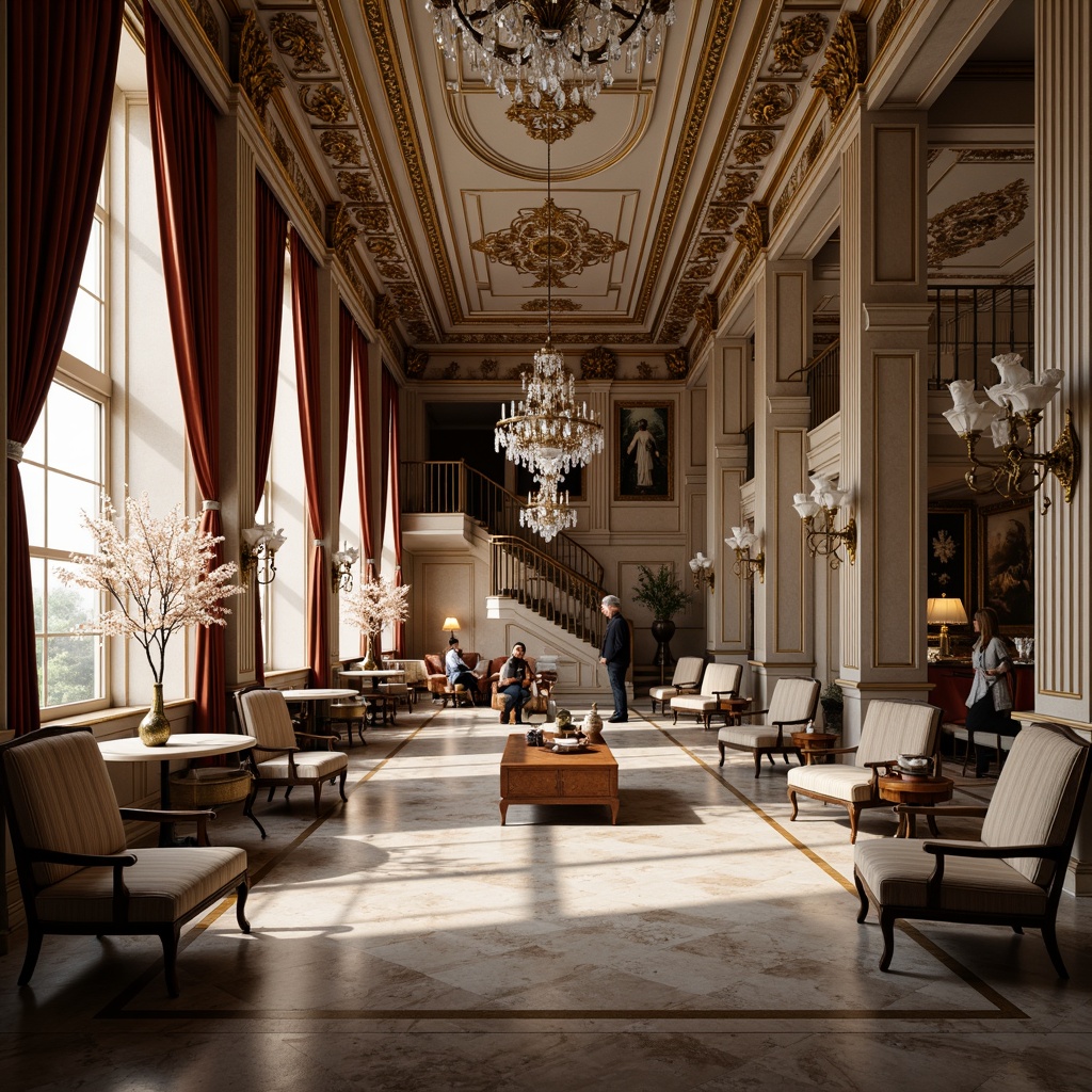 Prompt: Intricate neoclassical interior, ornate moldings, gilded details, lavish furnishings, marble floors, crystal chandeliers, velvet drapes, carved wooden panels, stately columns, high ceilings, grand staircases, opulent fabrics, rich textures, subtle color palette, warm soft lighting, shallow depth of field, 1/2 composition, realistic reflections, ambient occlusion.