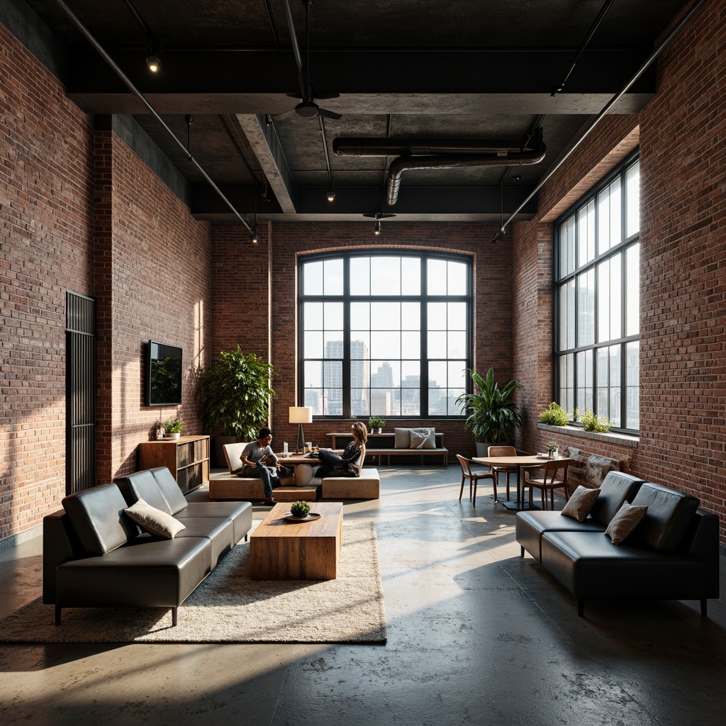 Prompt: Exposed brick walls, industrial chic decor, polished concrete floors, metallic accents, reclaimed wood planks, distressed finishes, urban loft atmosphere, high ceilings, large windows, cityscape views, modern minimalist furniture, sleek lines, neutral color palette, industrial-style lighting fixtures, exposed ductwork, raw steel beams, poured resin flooring, matte black finishes, luxurious textiles, sophisticated ambiance, dramatic shadows, low-key warm lighting, cinematic composition.