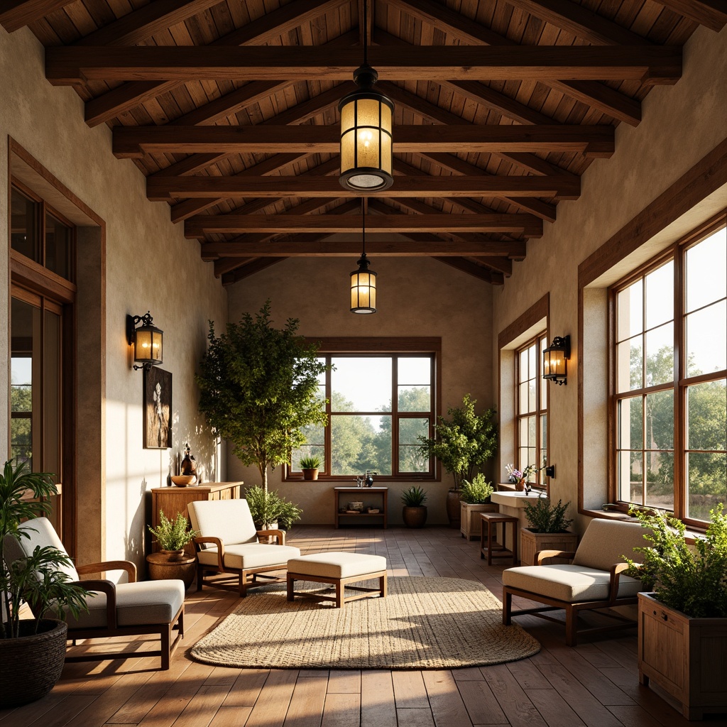 Prompt: Warm farmhouse interior, rustic wooden beams, vintage metal lanterns, soft warm lighting, cozy ambiance, natural stone walls, earthy color palette, distressed wood furniture, woven textiles, pendant lights, candlelight, farmhouse sink, shiplap accents, greenery, blooming flowers, sunny afternoon, shallow depth of field, 1/1 composition, realistic textures, ambient occlusion.