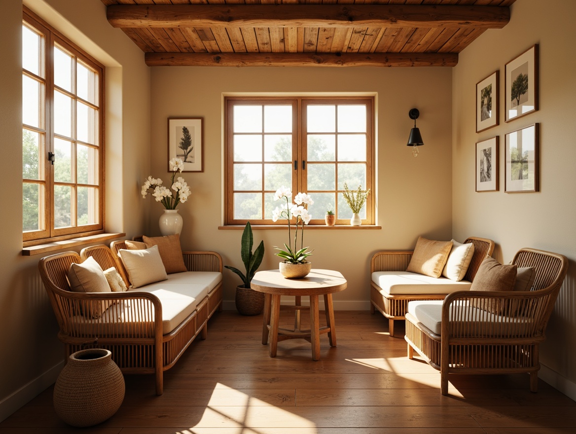 Prompt: Cozy breakfast nook, warm lighting, natural wood tones, woven bamboo chairs, plush cushions, low seating, round wooden tables, delicate ceramic vases, blooming orchids, soft beige walls, traditional Asian-inspired decor, minimalist ornamentation, serene atmosphere, intimate setting, 1/1 composition, shallow depth of field, warm color palette.