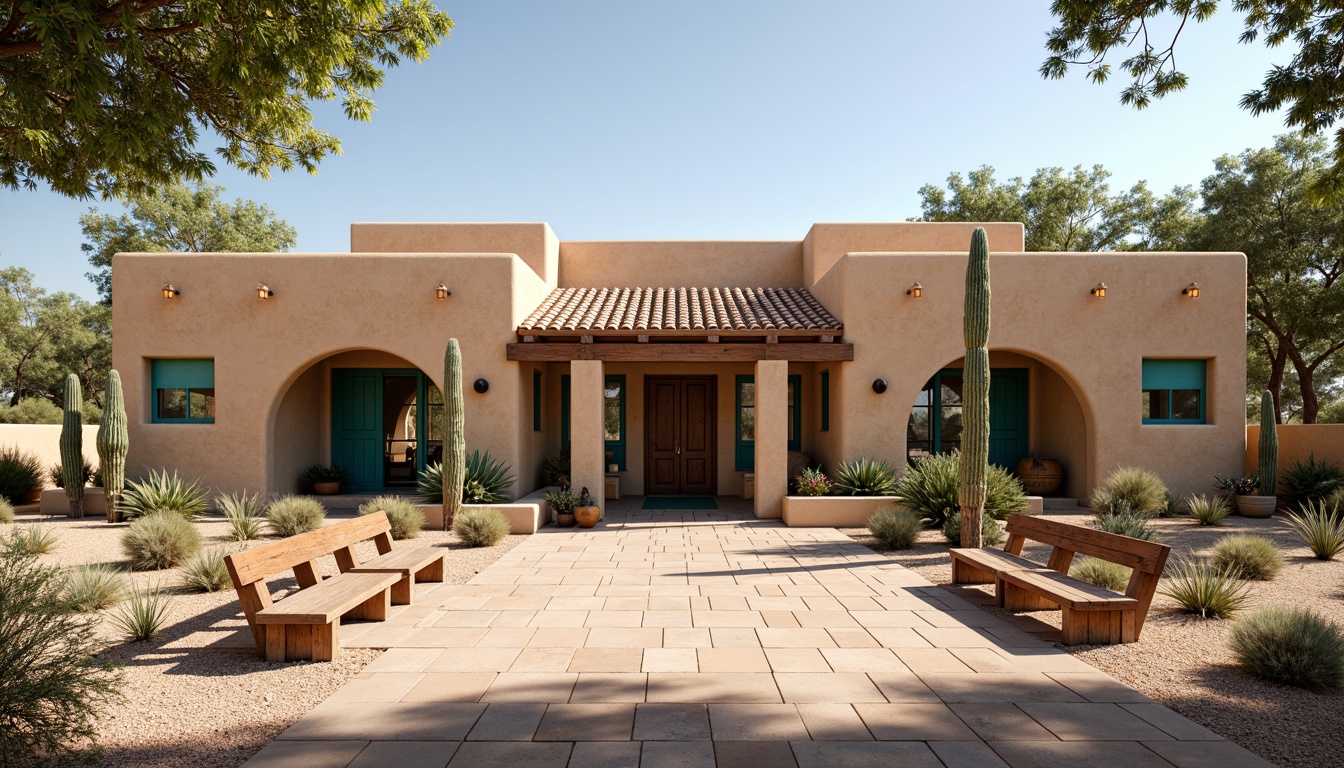 Prompt: Southwestern-themed bus station, stucco exterior, earthy tone walls, rounded archways, vibrant turquoise accents, traditional Pueblo Revival architecture, rustic wooden benches, desert landscape surroundings, cactus plants, sandy terrain, warm sunny day, soft diffused lighting, shallow depth of field, 1/1 composition, realistic textures, ambient occlusion, natural stone flooring, terracotta roof tiles, decorative metalwork details.