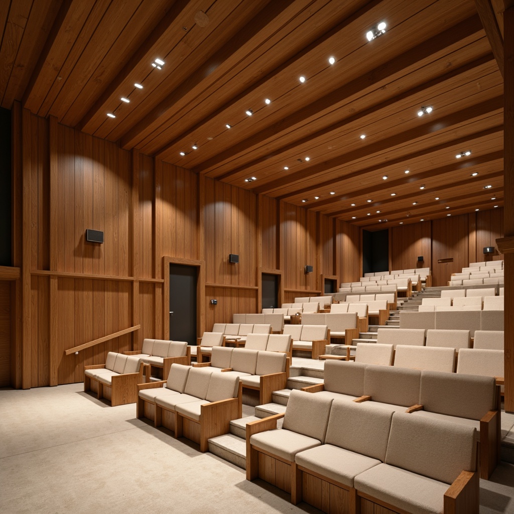 Prompt: Rich wood paneling, curved lines, warm beige tones, minimalist decor, mid-century modern architecture, spacious auditorium, sloping ceilings, recessed lighting, comfortable seating, acoustic panels, soundproofing materials, natural textiles, geometric patterns, subtle color schemes, soft diffused lighting, shallow depth of field, 2/3 composition, atmospheric ambiance, realistic reflections.