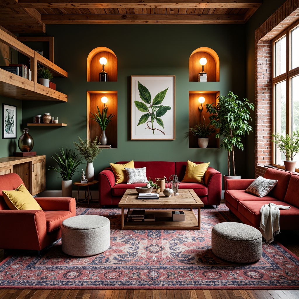 Prompt: Vibrant eclectic living room, bold color palette, mixed textures, vintage armchairs, velvet sofas, reclaimed wood coffee tables, metal industrial side tables, Moroccan-inspired ottomans, plush area rugs, statement lighting fixtures, abstract artwork, patterned throw pillows, botanical prints, natural plants, wooden wall accents, exposed brick walls, cozy reading nooks, eclectic decorative objects, warm atmospheric lighting, soft focus blur, 1/2 composition, realistic fabric textures.